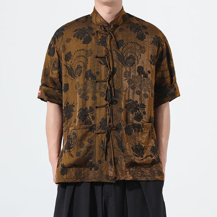 Buddha Stones Sommerliches Tang-Style Herren-Kurzarmhemd mit Stehkragen, floralem Jacquardmuster und Taschen - image 29