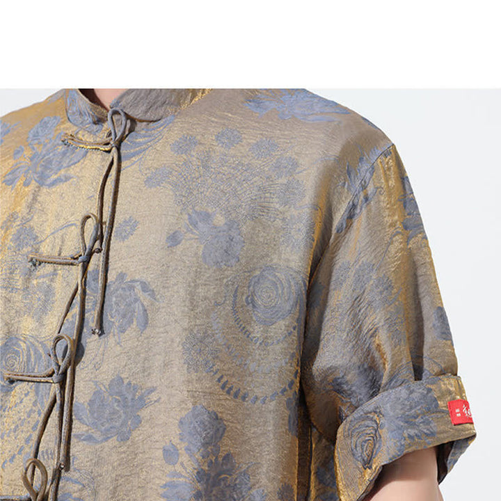 Buddha Stones Sommerliches Tang-Style Herren-Kurzarmhemd mit Stehkragen, floralem Jacquardmuster und Taschen - image 10
