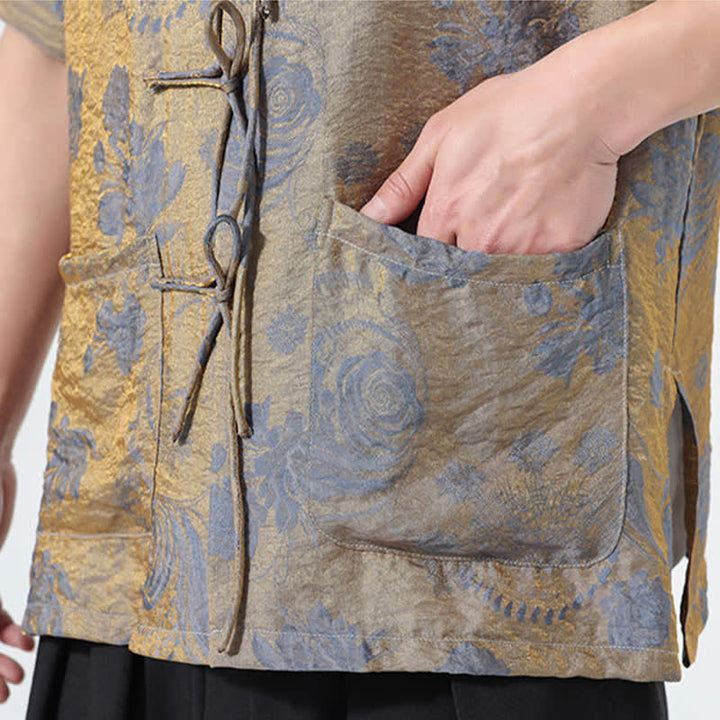 Buddha Stones Sommerliches Tang-Style Herren-Kurzarmhemd mit Stehkragen, floralem Jacquardmuster und Taschen - image 12