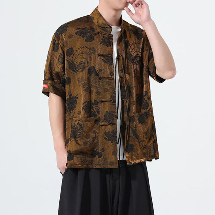 Buddha Stones Sommerliches Tang-Style Herren-Kurzarmhemd mit Stehkragen, floralem Jacquardmuster und Taschen - image 24