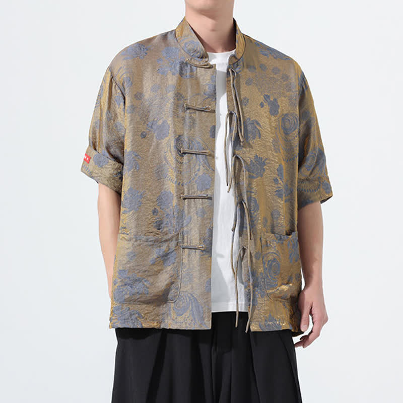 Buddha Stones Sommerliches Tang-Style Herren-Kurzarmhemd mit Stehkragen, floralem Jacquardmuster und Taschen - image 3