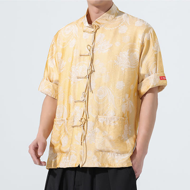 Buddha Stones Sommerliches Tang-Style Herren-Kurzarmhemd mit Stehkragen, floralem Jacquardmuster und Taschen - image 17