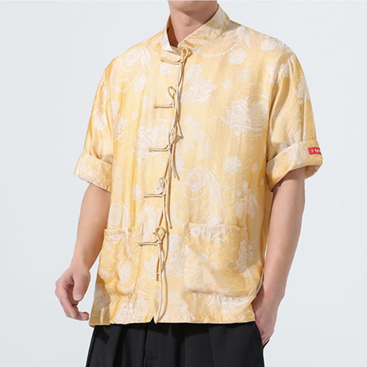 Buddha Stones Sommerliches Tang-Style Herren-Kurzarmhemd mit Stehkragen, floralem Jacquardmuster und Taschen - image 17
