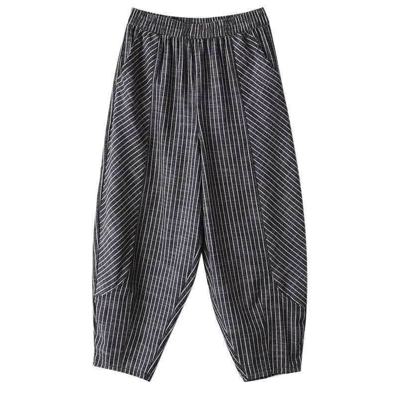 Buddha Stones Lässige, gestreifte Damenhose aus Leinen-Baumwoll-Mischgewebe mit schmal zulaufendem Bein und Taschen - image 9