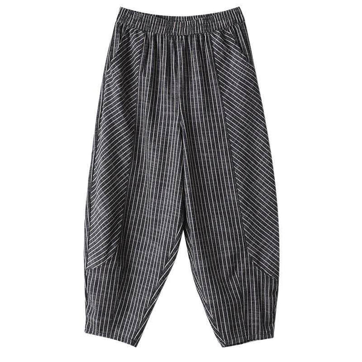 Buddha Stones Lässige, gestreifte Damenhose aus Leinen-Baumwoll-Mischgewebe mit schmal zulaufendem Bein und Taschen - image 9