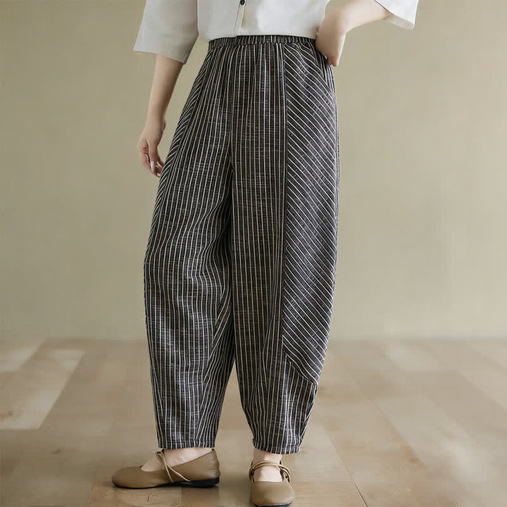 Buddha Stones Lässige, gestreifte Damenhose aus Leinen-Baumwoll-Mischgewebe mit schmal zulaufendem Bein und Taschen - image 4