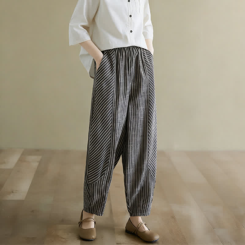 Buddha Stones Lässige, gestreifte Damenhose aus Leinen-Baumwoll-Mischgewebe mit schmal zulaufendem Bein und Taschen - Schwarz - US 8-10, UK/AU 12-14, EU 40-42 (2XL) - image 0