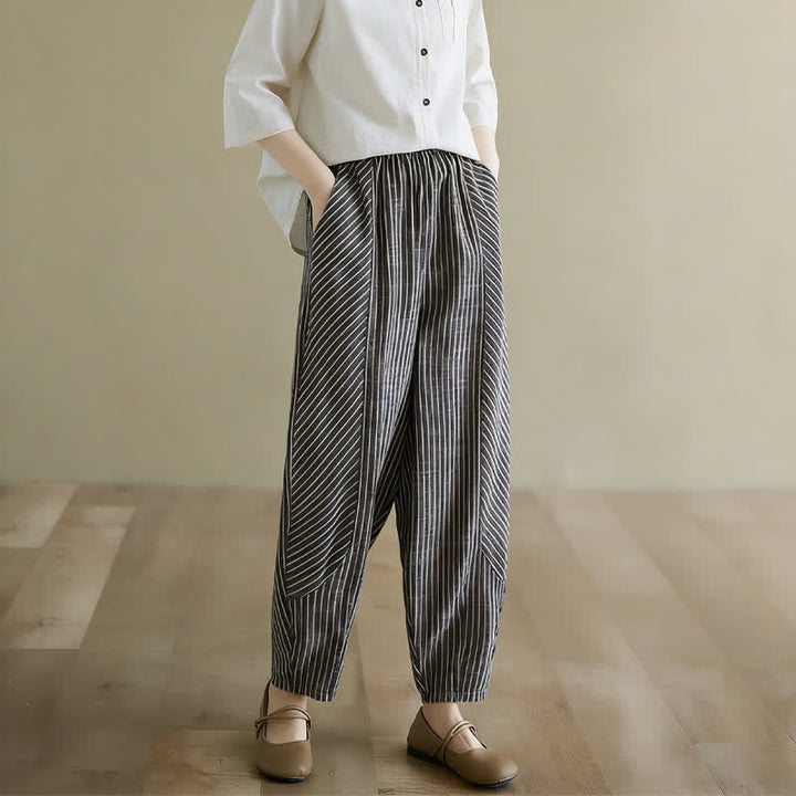 Buddha Stones Lässige, gestreifte Damenhose aus Leinen-Baumwoll-Mischgewebe mit schmal zulaufendem Bein und Taschen - Schwarz - US 8-10, UK/AU 12-14, EU 40-42 (2XL) - image 0