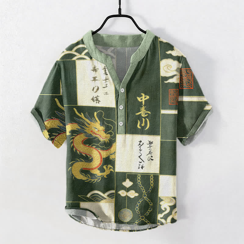 Buddha Stones Baumwollhemd mit goldenem Drachen-, Wolken- und Wellenemblem, Kurzarm, halbe Knopfleiste, Herrenhemd aus Baumwolle - SeaGreen - US/ UK/AU50, EU60 (5XL) - image 0