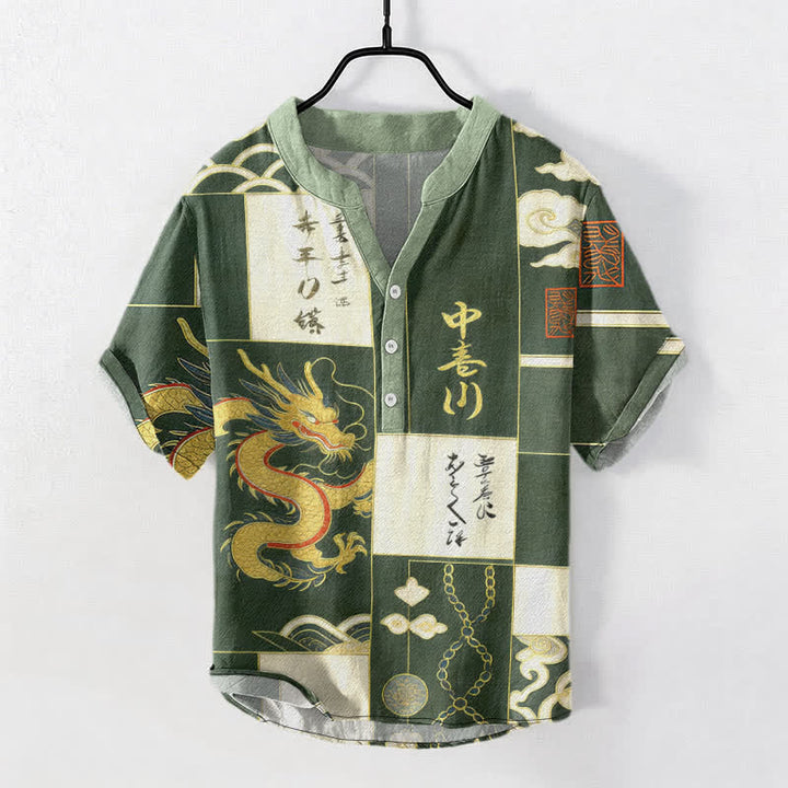 Buddha Stones Baumwollhemd mit goldenem Drachen-, Wolken- und Wellenemblem, Kurzarm, halbe Knopfleiste, Herrenhemd aus Baumwolle - SeaGreen - US/ UK/AU50, EU60 (5XL) - image 0