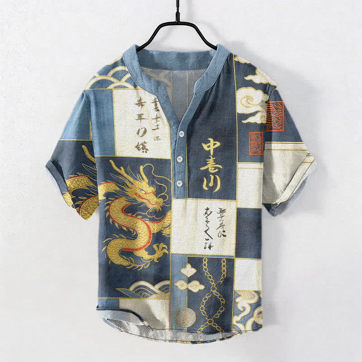 Buddha Stones Baumwollhemd mit goldenem Drachen-, Wolken- und Wellenemblem, Kurzarm, halbe Knopfleiste, Herrenhemd aus Baumwolle - SteelBlue - US/ UK/AU50, EU60 (5XL) - image 5