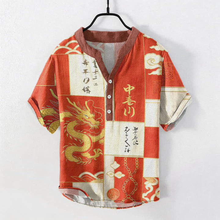 Buddha Stones Baumwollhemd mit goldenem Drachen-, Wolken- und Wellenemblem, Kurzarm, halbe Knopfleiste, Herrenhemd aus Baumwolle - Orangerot - US/ UK/AU50, EU60 (5XL) - image 7