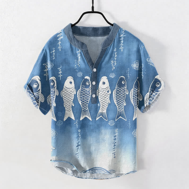 Buddha Stones Herren-Kurzarmhemd aus Baumwolle mit Koi-Fisch-Emblem und halber Knopfleiste - SteelBlue - US/ UK/AU50, EU60 (5XL) - image 0