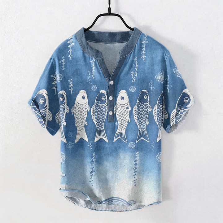 Buddha Stones Herren-Kurzarmhemd aus Baumwolle mit Koi-Fisch-Emblem und halber Knopfleiste - SteelBlue - US/ UK/AU50, EU60 (5XL) - image 0
