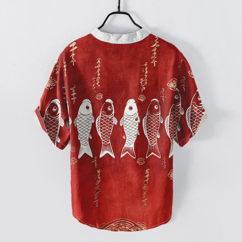 Buddha Stones Herren-Kurzarmhemd aus Baumwolle mit Koi-Fisch-Emblem und halber Knopfleiste - image 4