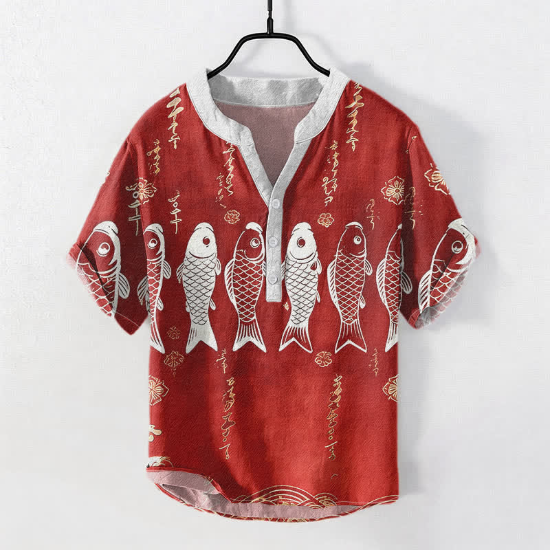 Buddha Stones Herren-Kurzarmhemd aus Baumwolle mit Koi-Fisch-Emblem und halber Knopfleiste - Feuerfestziegel - US/ UK/AU50, EU60 (5XL) - image 3
