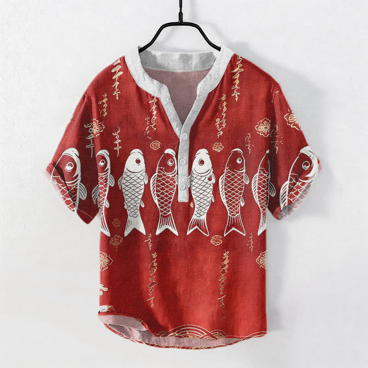 Buddha Stones Herren-Kurzarmhemd aus Baumwolle mit Koi-Fisch-Emblem und halber Knopfleiste - Feuerfestziegel - US/ UK/AU50, EU60 (5XL) - image 3