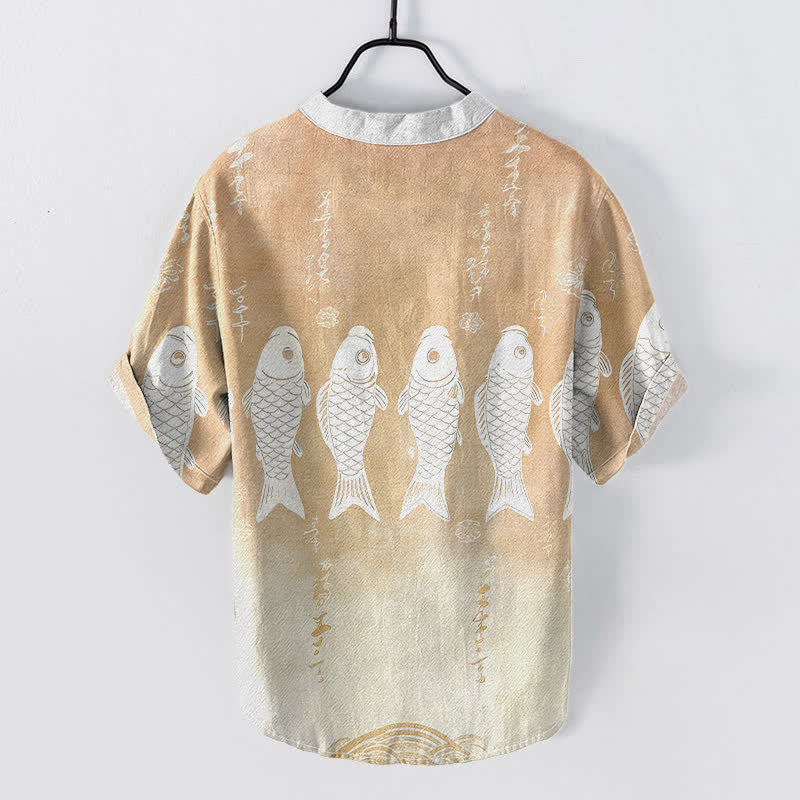 Buddha Stones Herren-Kurzarmhemd aus Baumwolle mit Koi-Fisch-Emblem und halber Knopfleiste - image 6