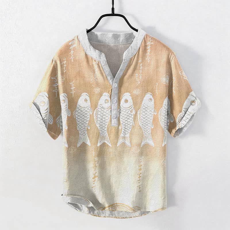 Buddha Stones Herren-Kurzarmhemd aus Baumwolle mit Koi-Fisch-Emblem und halber Knopfleiste - Blanchierte Mandel - US/ UK/AU50, EU60 (5XL) - image 5