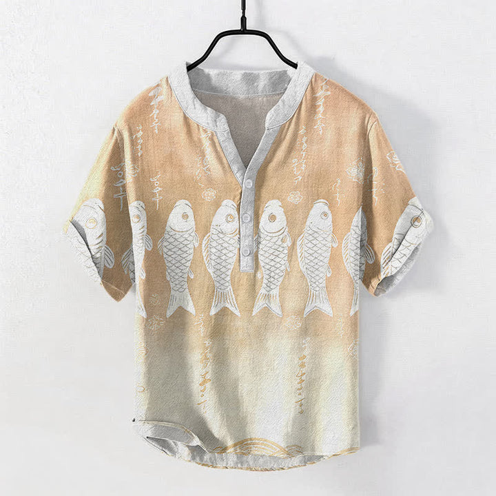 Buddha Stones Herren-Kurzarmhemd aus Baumwolle mit Koi-Fisch-Emblem und halber Knopfleiste - Blanchierte Mandel - US/ UK/AU50, EU60 (5XL) - image 5