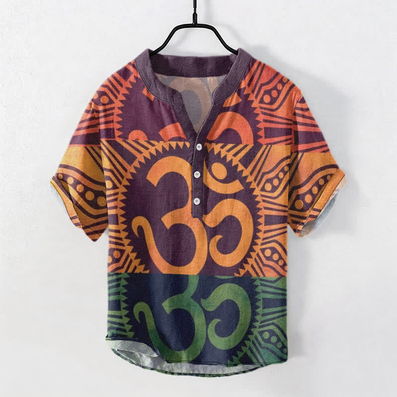 Buddha Stones Baumwollhemd mit Om-Emblem, kurzärmelig, halbe Knopfleiste - Dunkelviolett - US/ UK/AU50, EU60 (5XL) - image 0