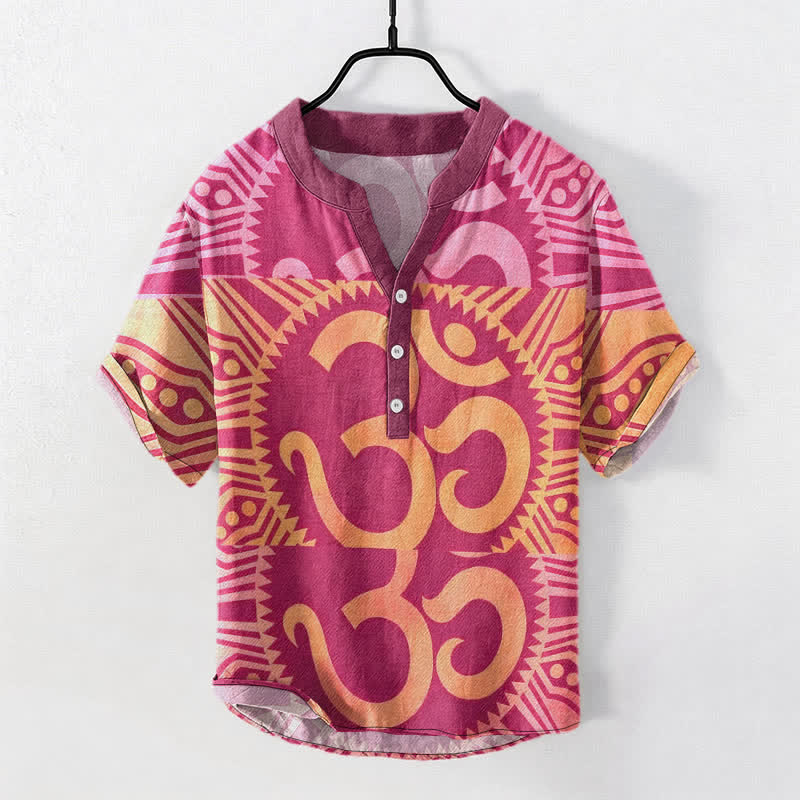 Buddha Stones Baumwollhemd mit Om-Emblem, kurzärmelig, halbe Knopfleiste - Knallpink - US/ UK/AU50, EU60 (5XL) - image 6