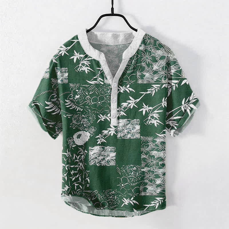 Buddha Stones Herren-Kurzarmhemd aus Baumwolle mit Bambus- und Pflaumenmotiv, Kurzarm, halbe Knopfleiste - Dunkelgrün - US/ UK/AU50, EU60 (5XL) - image 0