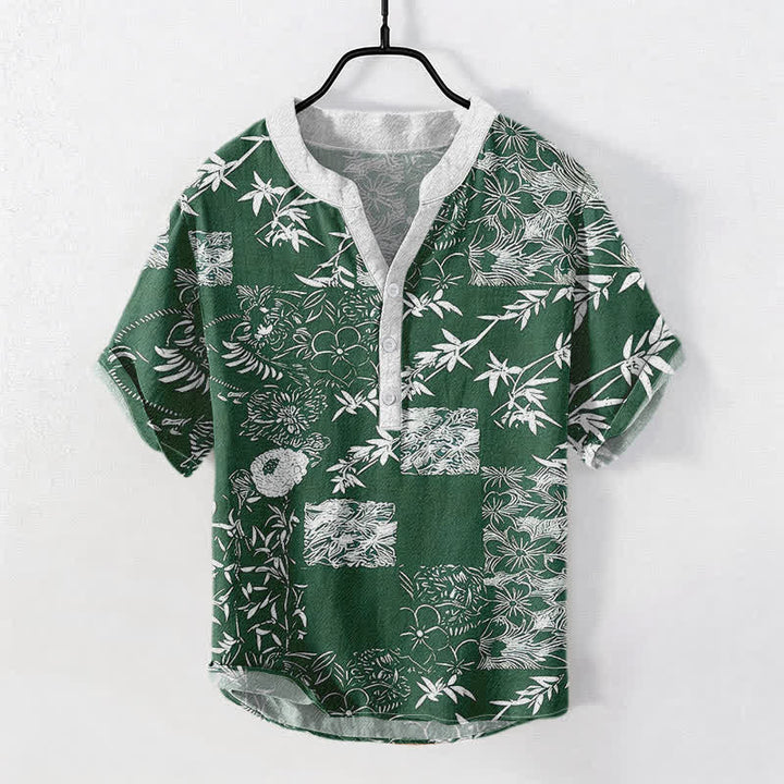 Buddha Stones Herren-Kurzarmhemd aus Baumwolle mit Bambus- und Pflaumenmotiv, Kurzarm, halbe Knopfleiste - Dunkelgrün - US/ UK/AU50, EU60 (5XL) - image 0