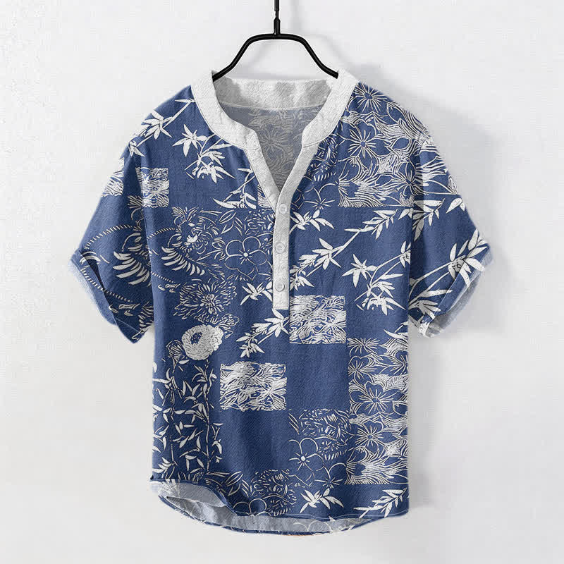 Buddha Stones Herren-Kurzarmhemd aus Baumwolle mit Bambus- und Pflaumenmotiv, Kurzarm, halbe Knopfleiste - SteelBlue - US/ UK/AU50, EU60 (5XL) - image 3