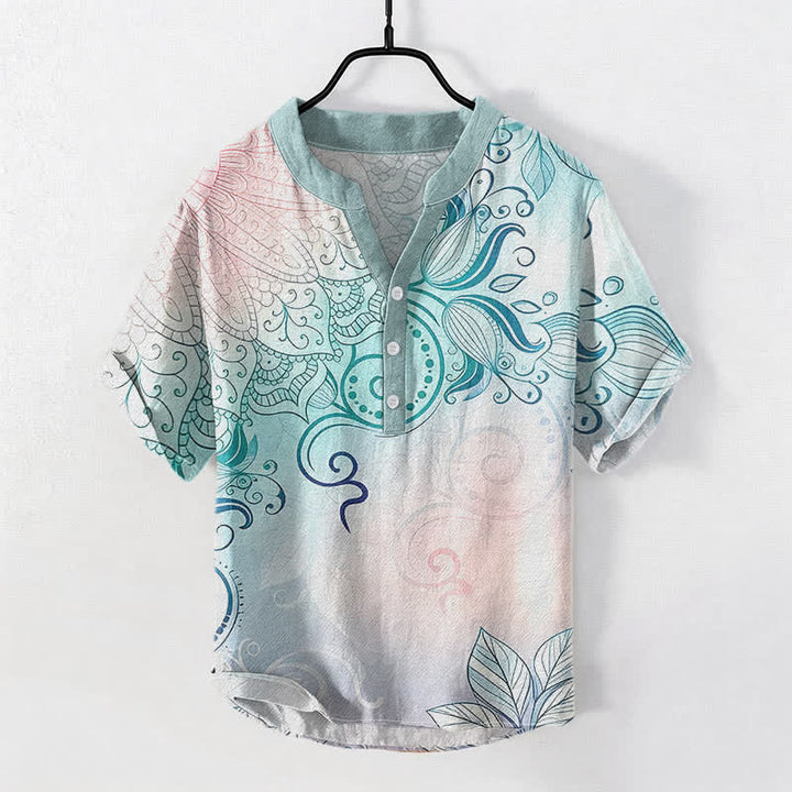 Buddha Stones Kurzarmhemd aus Baumwolle mit Mandala-Blumenmuster und halber Knopfleiste, Herren, Kurzarm, Herrenhemd mit halber Knopfleiste - Mitteltürkis - US/UK/AU50, EU60 (5XL) - image 0