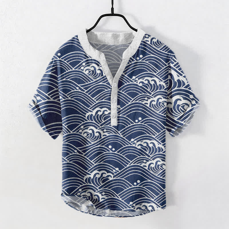 Buddha Stones Herren-Kurzarmhemd mit halbem Knopfverschluss und Wellenmuster aus Baumwolle - SteelBlue - US/ UK/AU50, EU60 (5XL) - image 0