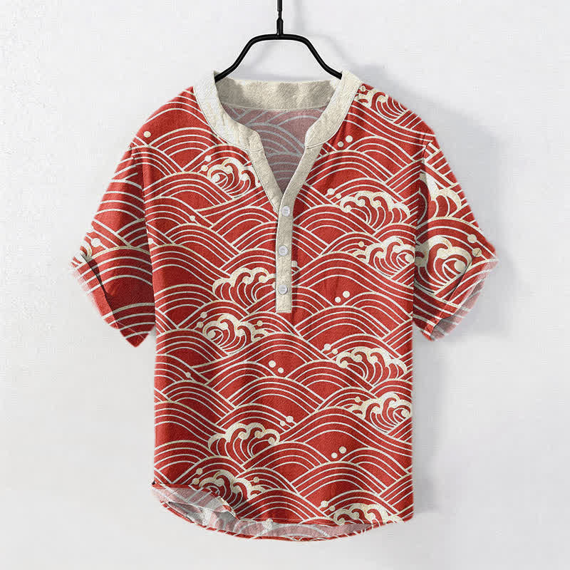 Buddha Stones Herren-Kurzarmhemd mit halbem Knopfverschluss und Wellenmuster aus Baumwolle - Feuerfestziegel - US/ UK/AU50, EU60 (5XL) - image 3