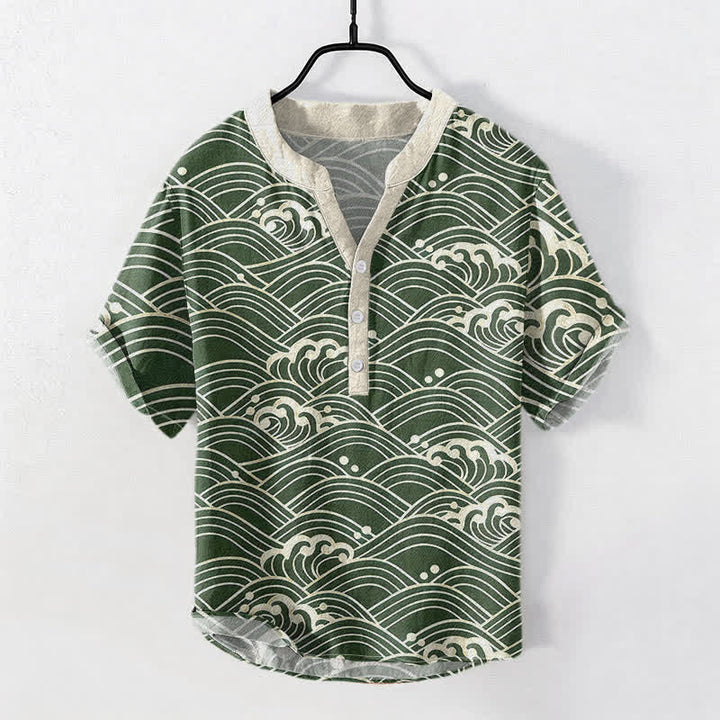 Buddha Stones Herren-Kurzarmhemd mit halbem Knopfverschluss und Wellenmuster aus Baumwolle - SeaGreen - US/ UK/AU50, EU60 (5XL) - image 5
