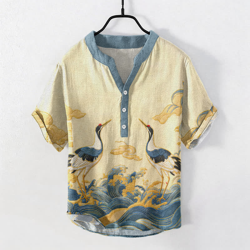Buddha Stones Kurzarmhemd aus Baumwolle mit Kranich-Wellen-Emblem, halb geknöpft, für Herren - Hellgoldgelb - US/UK/AU50, EU60 (5XL) - image 0