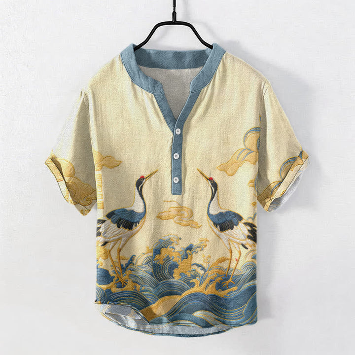 Buddha Stones Kurzarmhemd aus Baumwolle mit Kranich-Wellen-Emblem, halb geknöpft, für Herren - Hellgoldgelb - US/UK/AU50, EU60 (5XL) - image 0