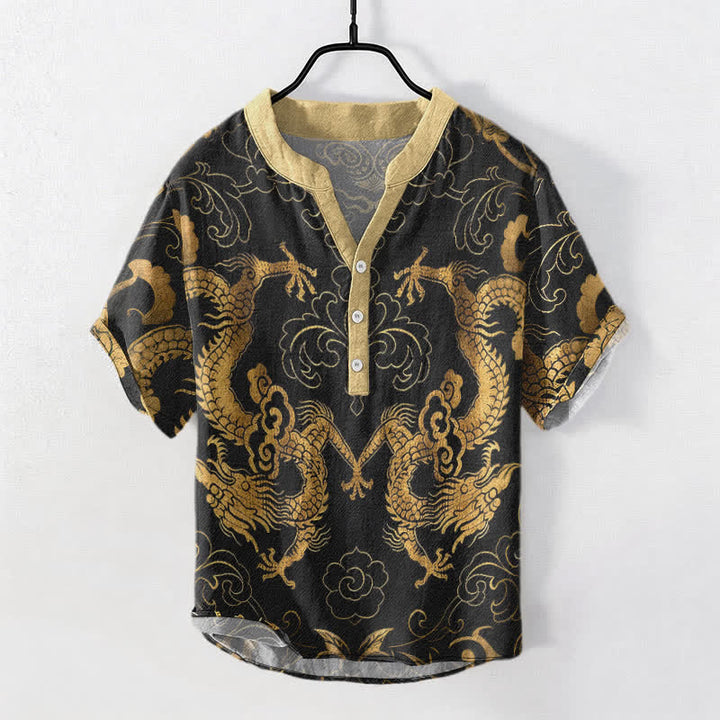 Buddha Stones Baumwollhemd mit Drachen- und Wolkenemblem, Kurzarm, halbe Knopfleiste, Herrenhemd - Gold - US/ UK/AU50, EU60 (5XL) - image 0