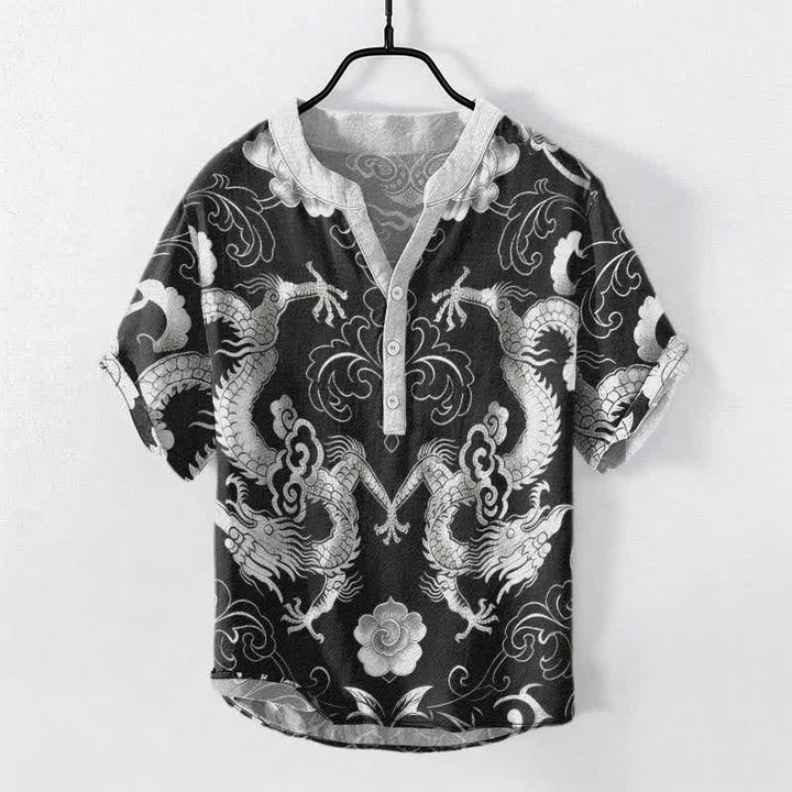 Buddha Stones Baumwollhemd mit Drachen- und Wolkenemblem, Kurzarm, halbe Knopfleiste, Herrenhemd - Dunkelgrau - US/ UK/AU50, EU60 (5XL) - image 7