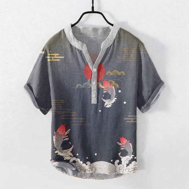 Buddha Stones Baumwollhemd mit Koi-Fisch- und rotem Sonnen- und Wolkenemblem, Kurzarm, halbe Knopfleiste, Herrenhemd - DimGray - US/UK/AU50, EU60 (5XL) - image 0