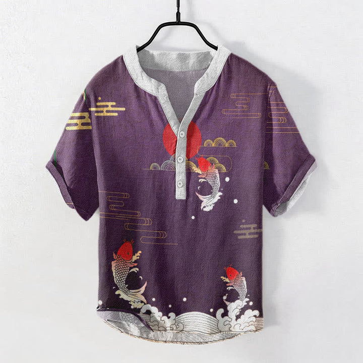 Buddha Stones Baumwollhemd mit Koi-Fisch- und rotem Sonnen- und Wolkenemblem, Kurzarm, halbe Knopfleiste, Herrenhemd - DarkOrchid - US/UK/AU50, EU60 (5XL) - image 5