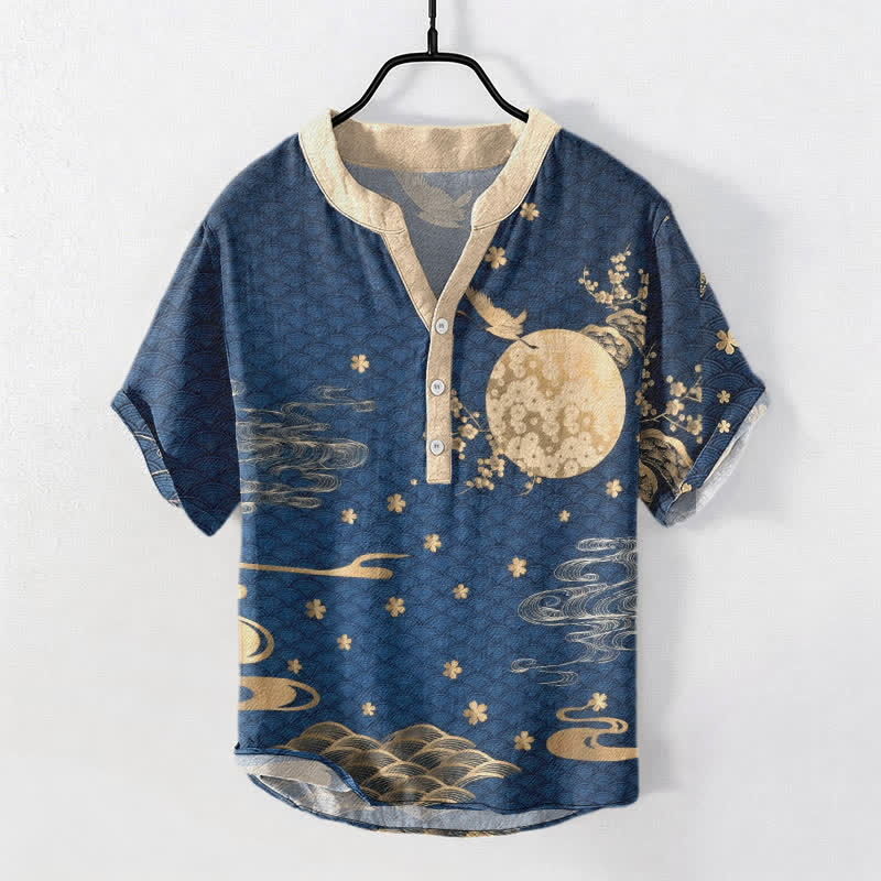 Buddha Stones Baumwollhemd mit Pflaumenblüten-Vollmond-Kranich-Emblem, Kurzarm, halbe Knopfleiste, Herrenhemd - SteelBlue - US/UK/AU50, EU60 (5XL) - image 0
