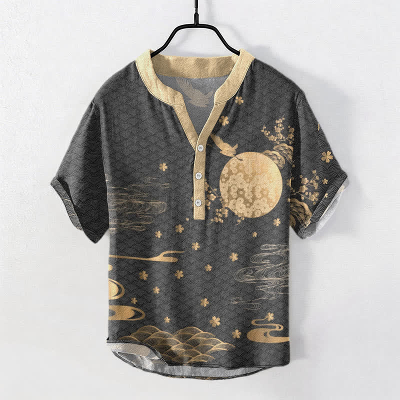 Buddha Stones Baumwollhemd mit Pflaumenblüten-Vollmond-Kranich-Emblem, Kurzarm, halbe Knopfleiste, Herrenhemd - DimGray - US/UK/AU50, EU60 (5XL) - image 5