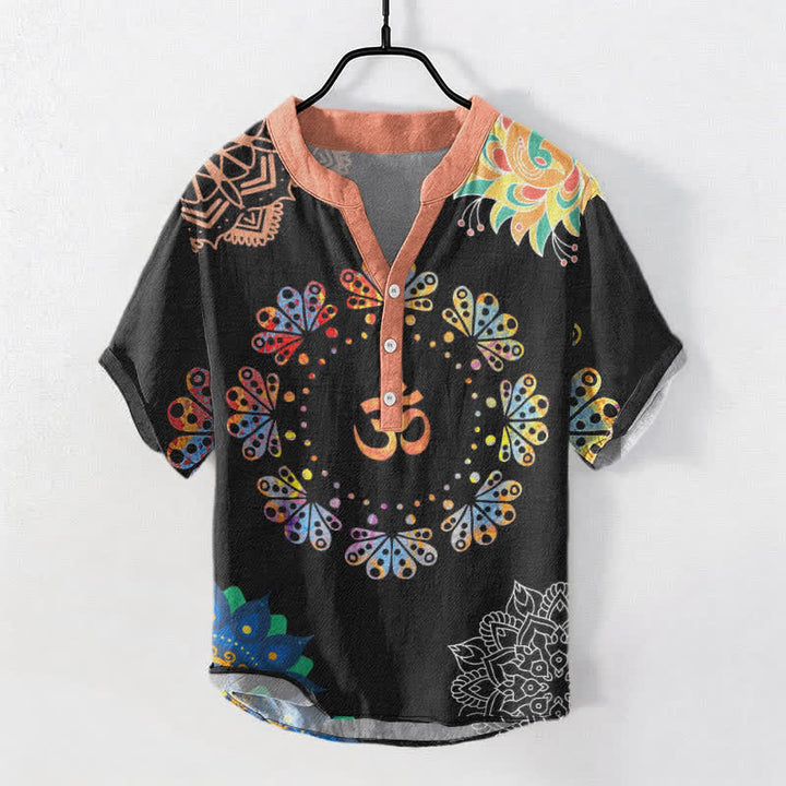 Buddha Stones Baumwollhemd mit Om-Lotus-Mandala-Pfauenemblem, Kurzarm, halb geknöpft, Herrenhemd, Kurzarm, halber Knopfleiste - Schwarz - US/ UK/AU50, EU60 (5XL) - image 0