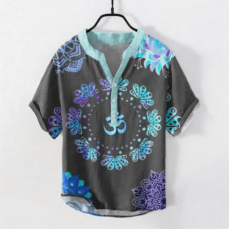 Buddha Stones Baumwollhemd mit Om-Lotus-Mandala-Pfauenemblem, Kurzarm, halb geknöpft, Herrenhemd, Kurzarm, halber Knopfleiste - DimGray - US/ UK/AU50, EU60 (5XL) - image 5
