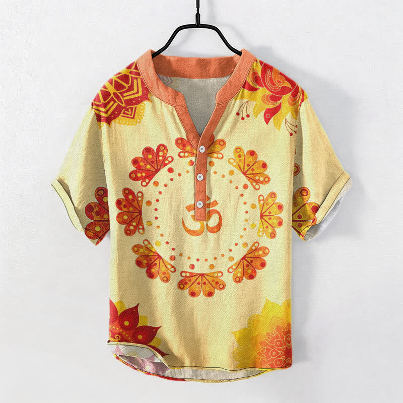Buddha Stones Baumwollhemd mit Om-Lotus-Mandala-Pfauenemblem, Kurzarm, halb geknöpft, Herrenhemd, Kurzarm, halber Knopfleiste - Hellgoldgelb - US/ UK/AU50, EU60 (5XL) - image 7