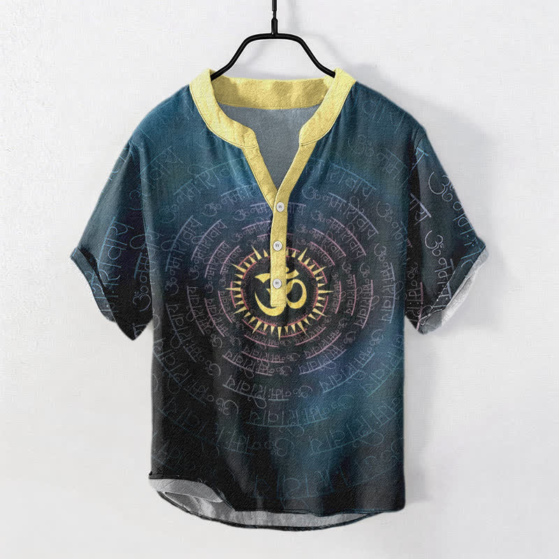 Buddha Stones Baumwollhemd mit Om-Mantra-Emblem, Kurzarm, halbe Knopfleiste, Herrenhemd - Türkis - US/UK/AU50, EU60 (5XL) - image 0