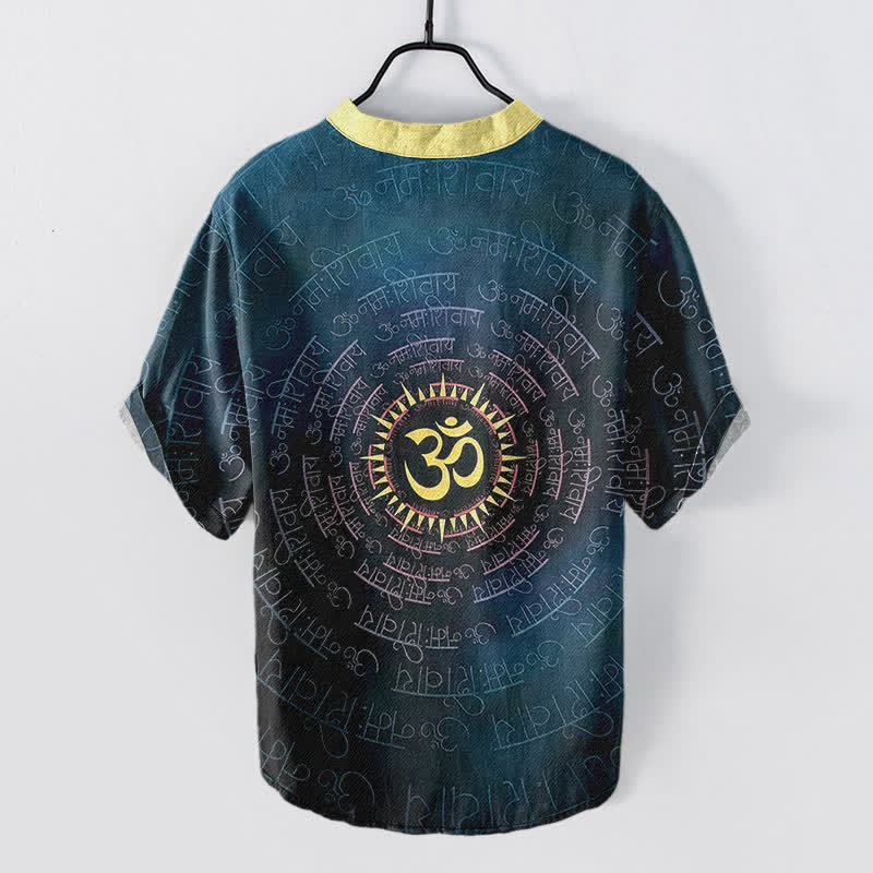 Buddha Stones Baumwollhemd mit Om-Mantra-Emblem, Kurzarm, halbe Knopfleiste, Herrenhemd - image 1