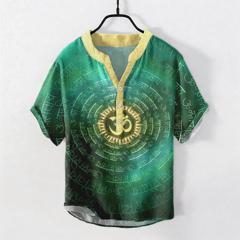Buddha Stones Baumwollhemd mit Om-Mantra-Emblem, Kurzarm, halbe Knopfleiste, Herrenhemd - Mittelseegrün - US/UK/AU50, EU60 (5XL) - image 5