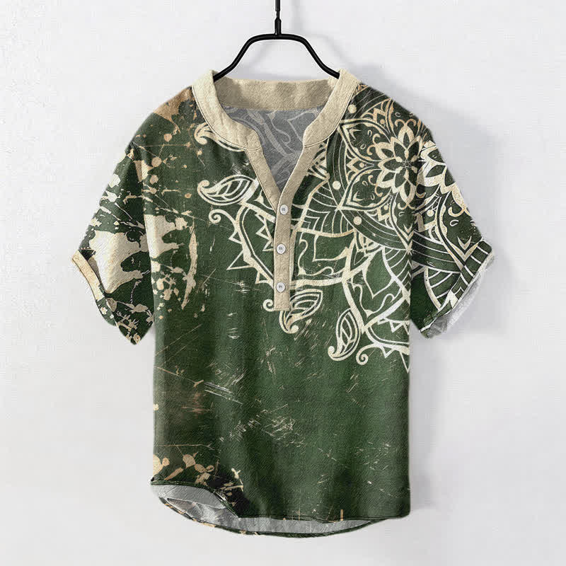 Buddha Stones Baumwollhemd mit Lotus-Mandala-Emblem, Kurzarm, halbe Knopfleiste, Herren - Dunkelgrün - US/UK/AU50, EU60 (5XL) - image 0