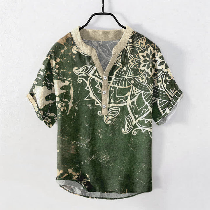Buddha Stones Baumwollhemd mit Lotus-Mandala-Emblem, Kurzarm, halbe Knopfleiste, Herren - Dunkelgrün - US/UK/AU50, EU60 (5XL) - image 0
