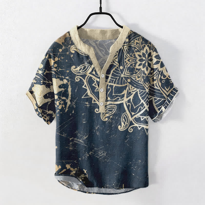 Buddha Stones Baumwollhemd mit Lotus-Mandala-Emblem, Kurzarm, halbe Knopfleiste, Herren - SteelBlue - US/ UK/AU50, EU60 (5XL) - image 7
